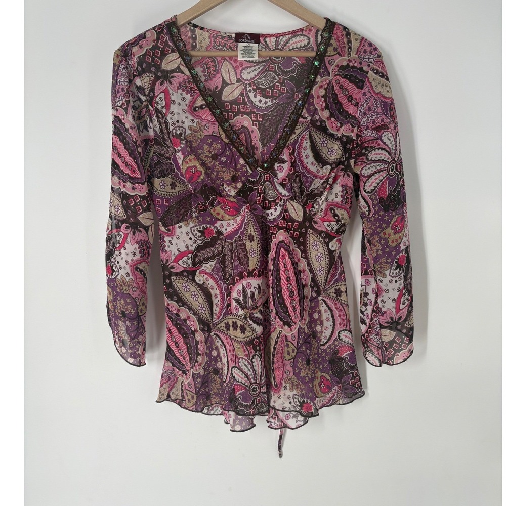 Jordache Pink Purple Paisley V-Neck Blouse
